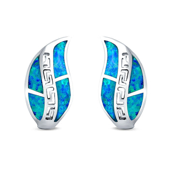 Leaf Stud Earrings Lab Created Blue Opal 925 Sterling Silver (17mm)